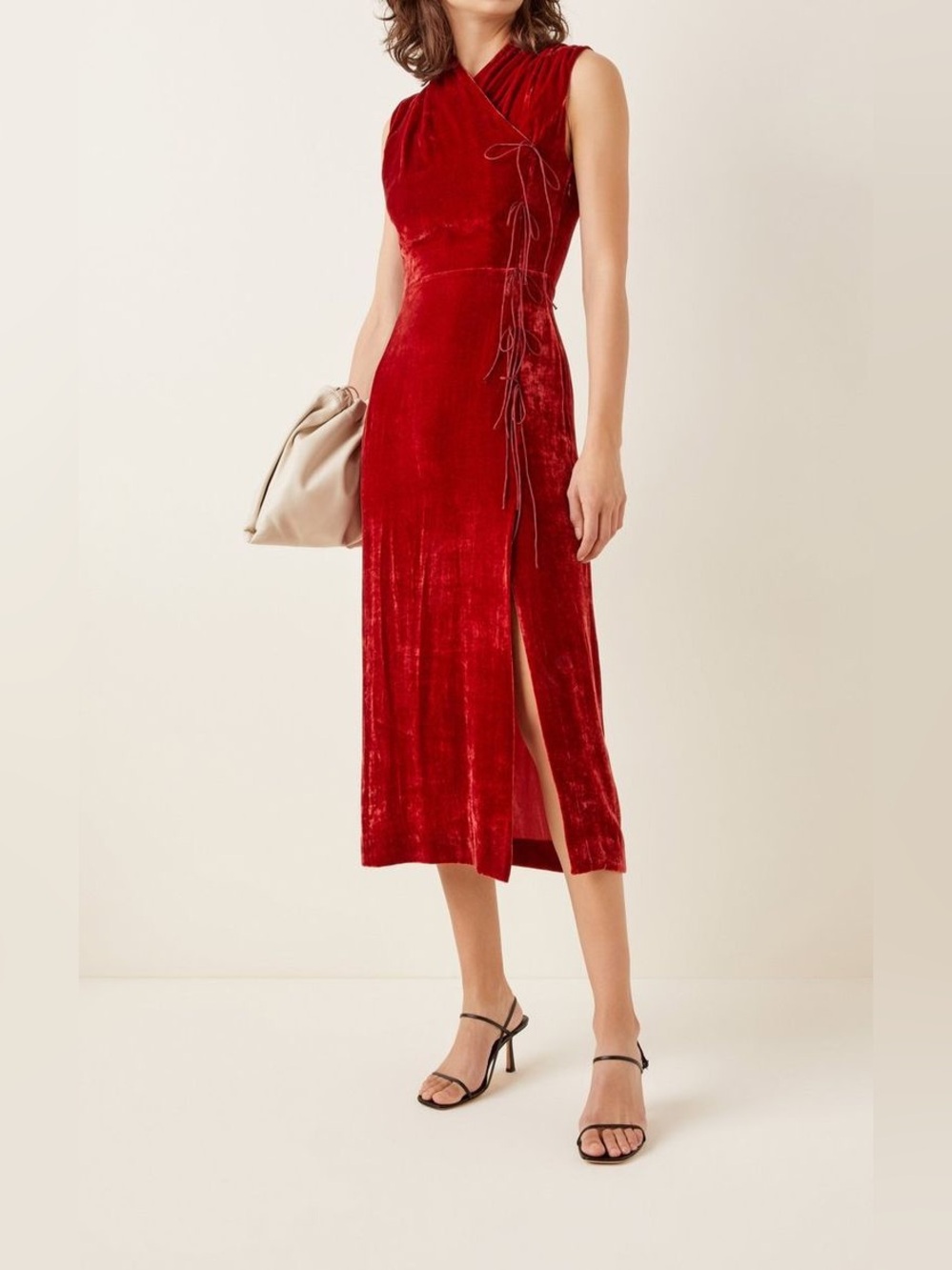 Jana Wrap effect Tie-detailed Velvet Midi Dress Red Side Slit Midi Bodycon luxe